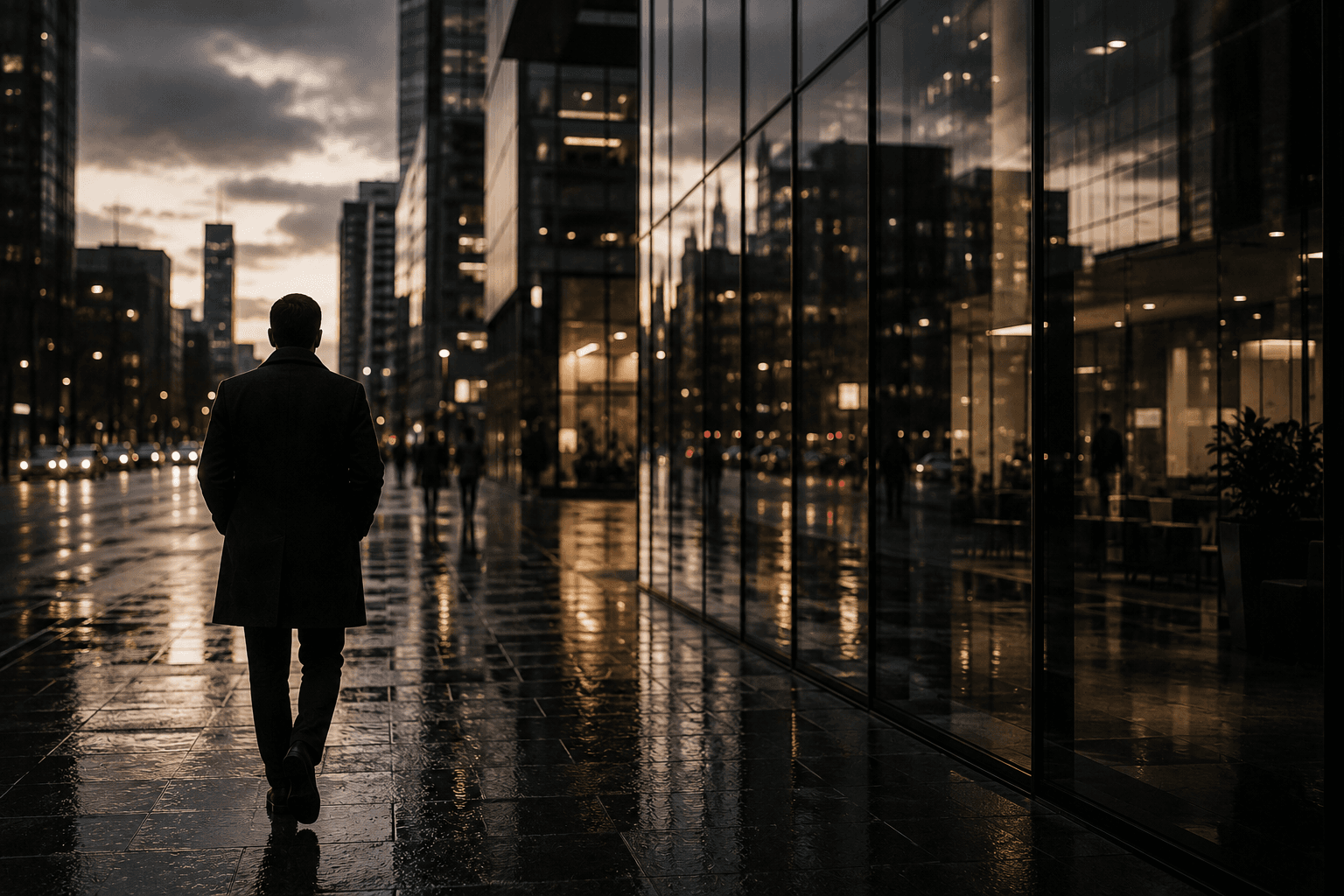 A lone figure walking through a reflective city street