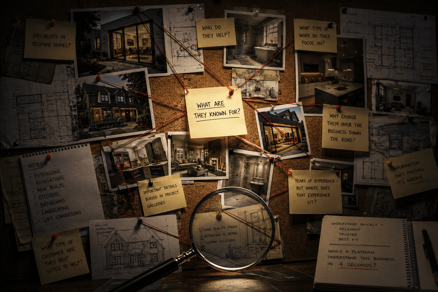 A corkboard of trade business clues, questions and project photographs