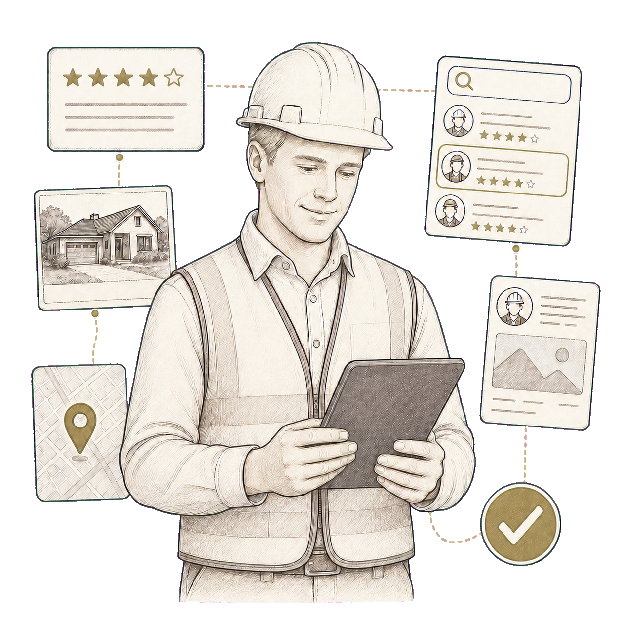 Sketch note illustration of a digital foreman reviewing online trust signals.
